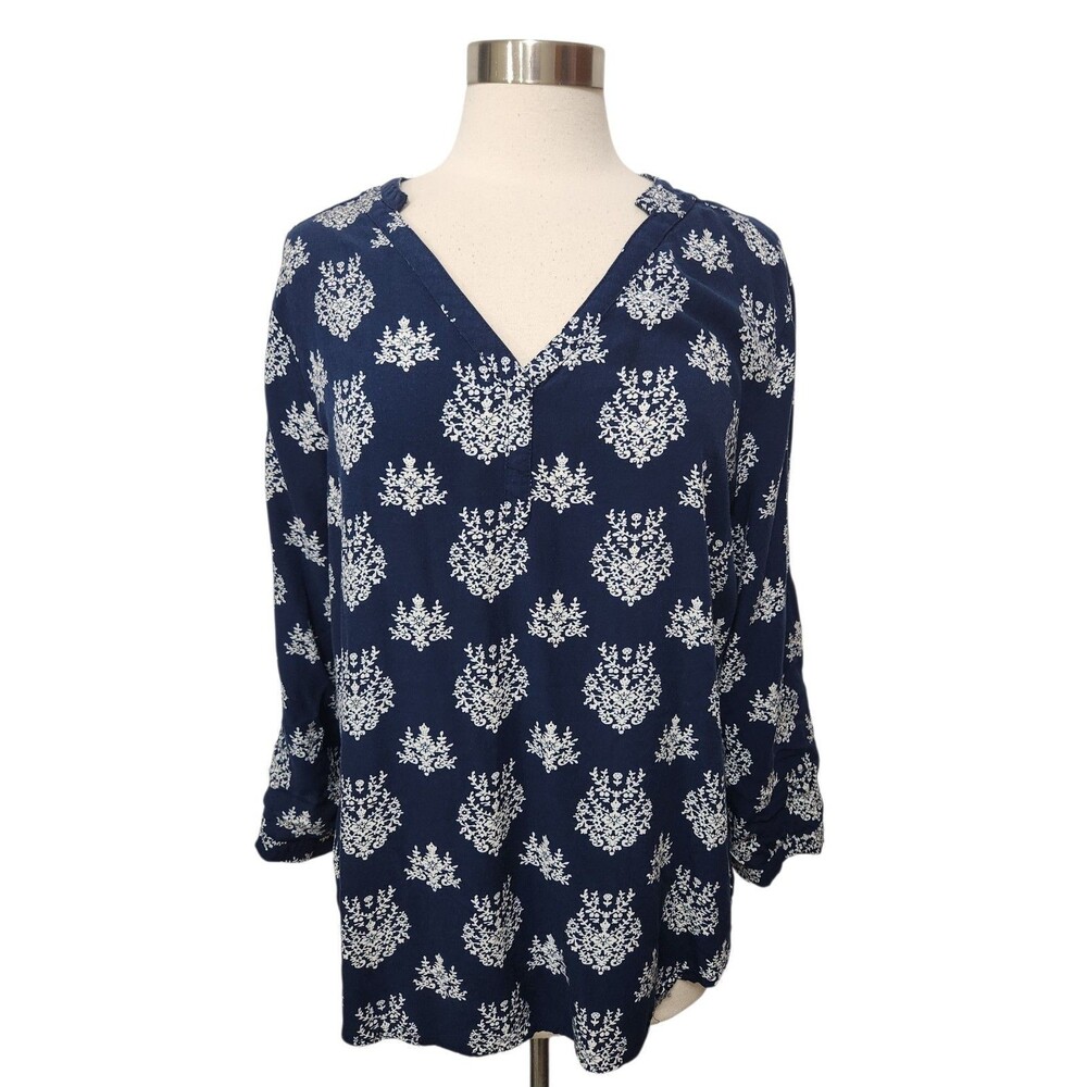 Fun 2 Fun Blouse Top Size XXL Blue  V-Neck Long Slv Cottagecore Boho Rayon